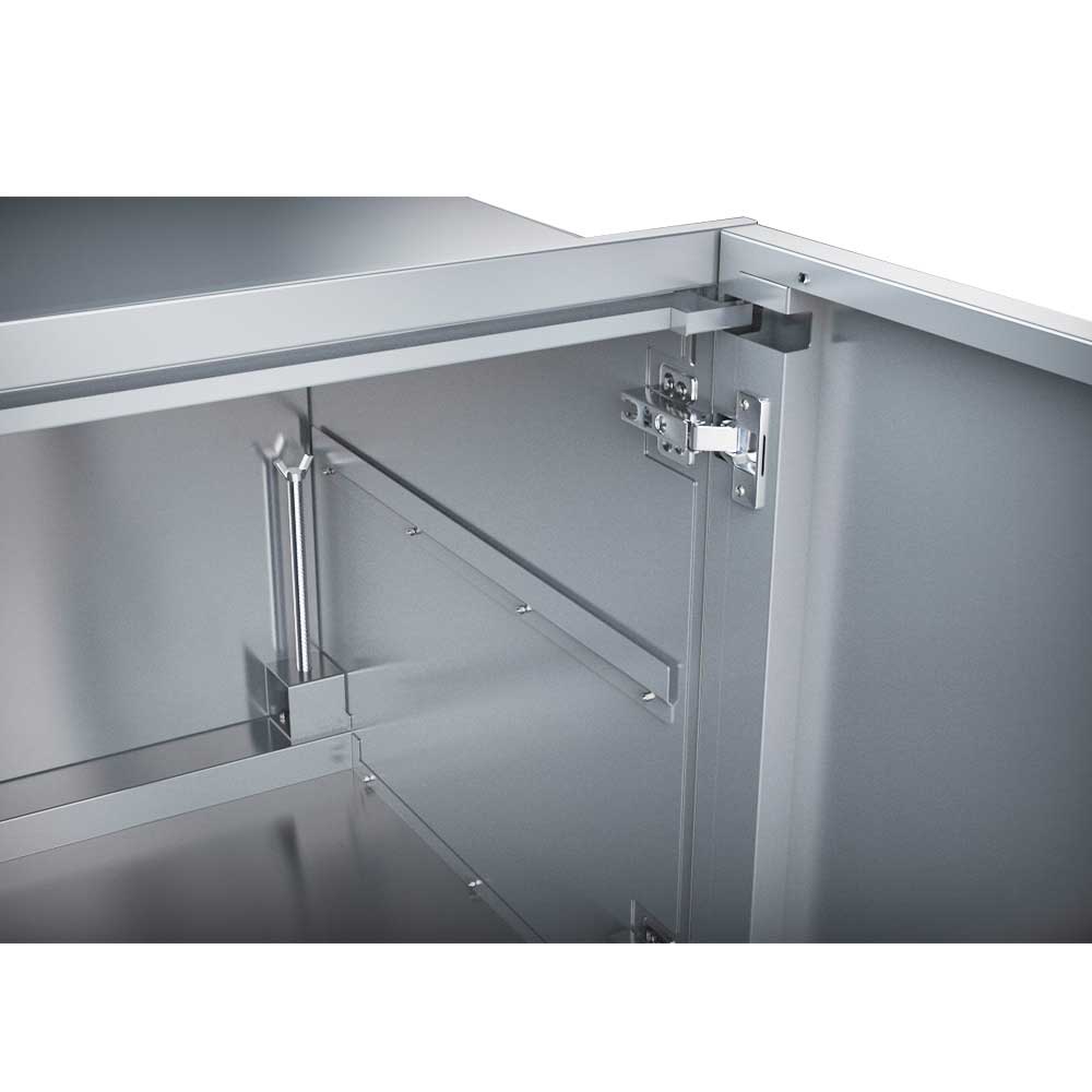 Sunstone Designer Series 30" Double Door Dry Storage Pantry with Shelf & Utility Access showing sleek stainless steel design suitable for outdoor kitchens.