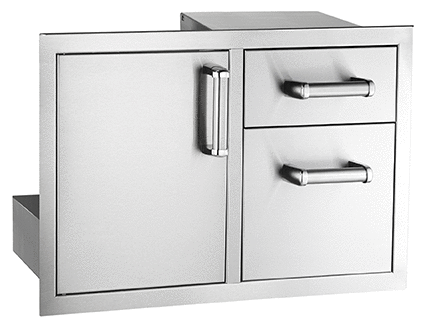 Flush mounted double doors and dual drawers of Fire Magic 30" Double Door/Drawer Combo, designed for easy access in outdoor grilling spaces.