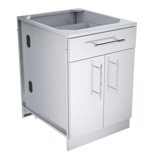 Sunstone 24", 30”, or 36” Double Door Base Cabinet with Shelf & Reversible Top Drawer or False Panel showcasing its stylish stainless steel design and ample storage for outdoor kitchens.