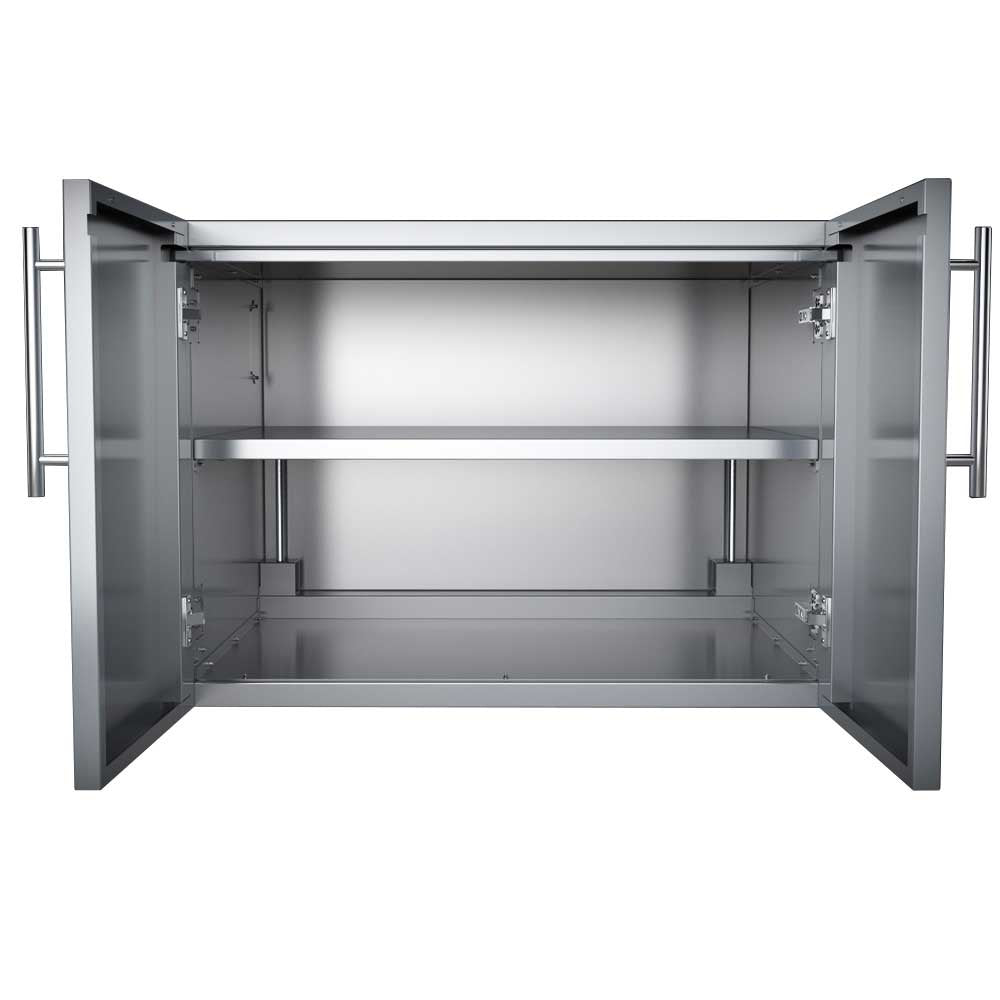 Stylish Sunstone Designer Series pantry featuring stainless steel construction and ample dry storage for BBQ accessories.