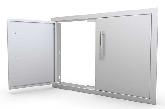Sunstone Signature Series Double Doors featuring beveled framed design with integrated pin hinges for a clean appearance and easy installation.