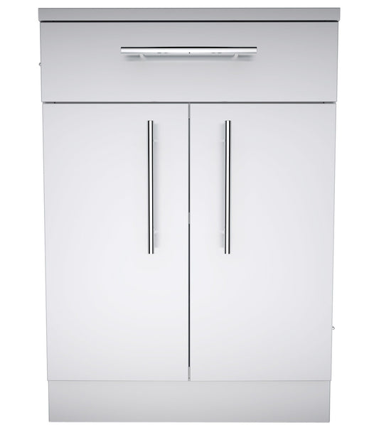 Sunstone 24" Double Door Base Cabinet with shelf and reversible top drawer, showcasing its 304 stainless steel structure.