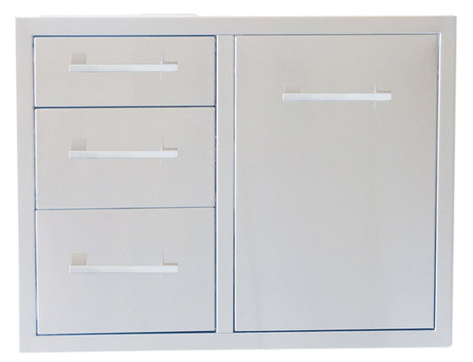 Sunstone Signature Series 30" Propane Combo w/ Trash Bag Ring & Triple Drawer, showcasing its sleek design and durable 304 Stainless Steel construction.
