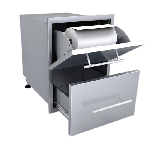 Sunstone Designer Series 23"H Multi-Configurable Paper Towel Drawer Combo featuring weather sealed box for BBQ accessories.