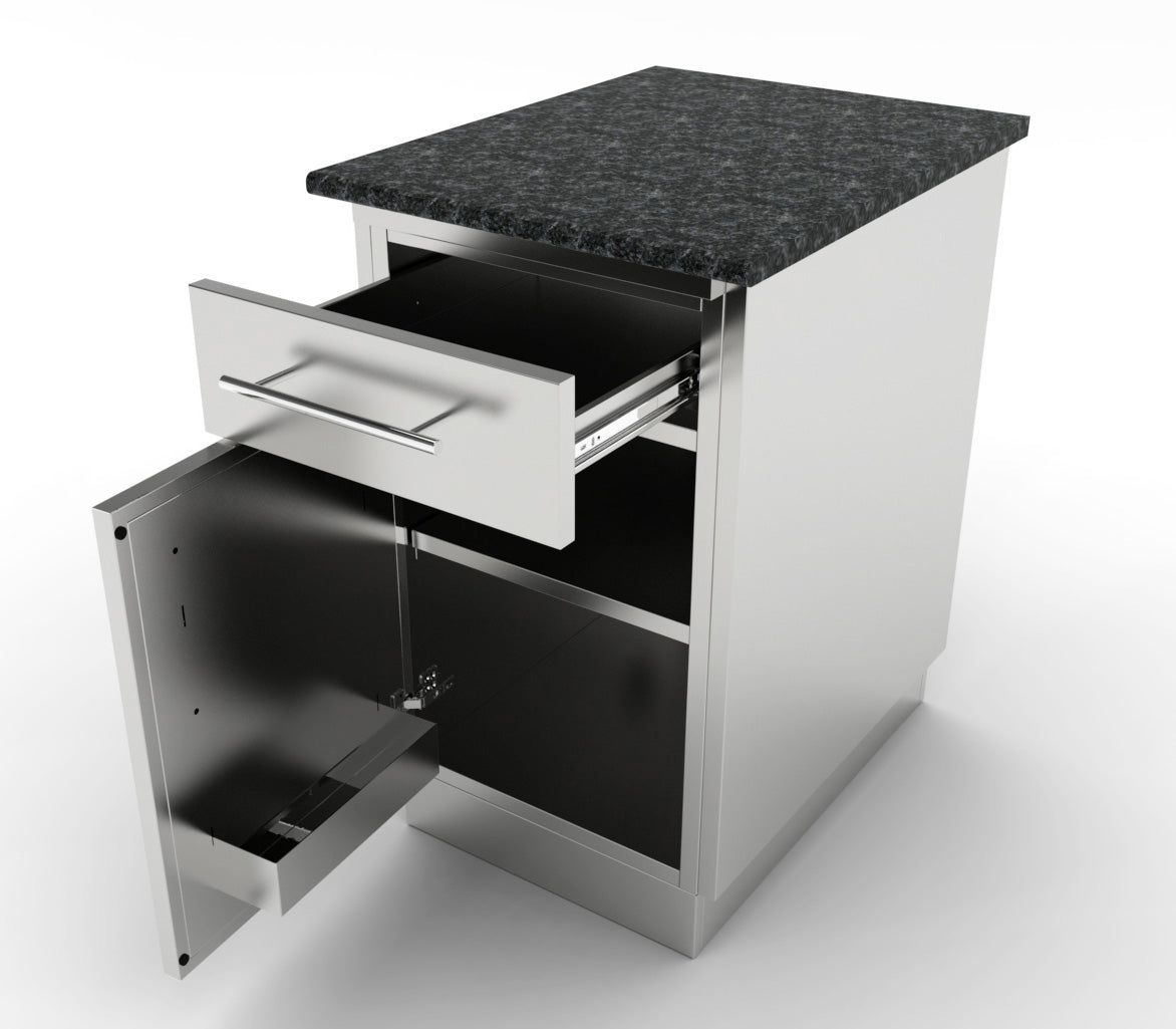 Sunstone outdoor kitchen cabinet with left or right swing door, highlighting its space-saving storage great for BBQ cookware.