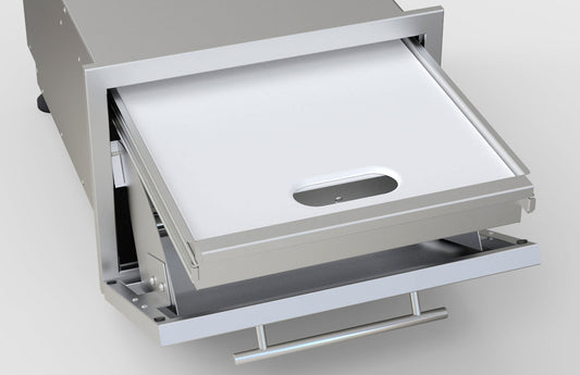Sunstone Designer Series - 13" Tilt-out Paper Towel, Cutlery Drawer & Cutting Board Combo with a focus on the concealed cutlery drawer and adjustable legs for versatile installation.