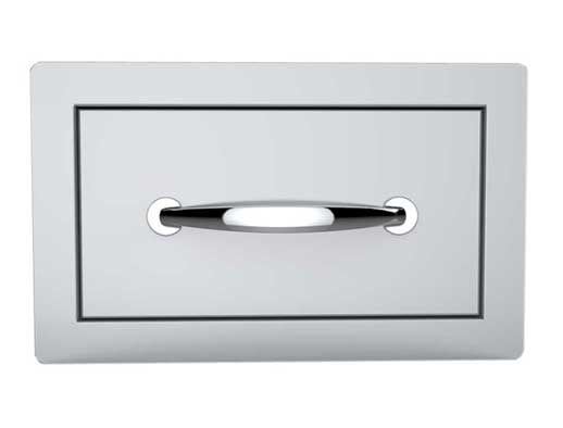 Sunstone Classic Series Flush Style 14” Drawer showcasing a sleek design under a BBQ grill for convenient outdoor storage.