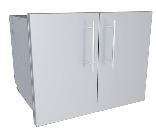 Sunstone Designer Series 30" Double Door Dry Storage Pantry with utility access and interior shelf for outdoor kitchen organization.