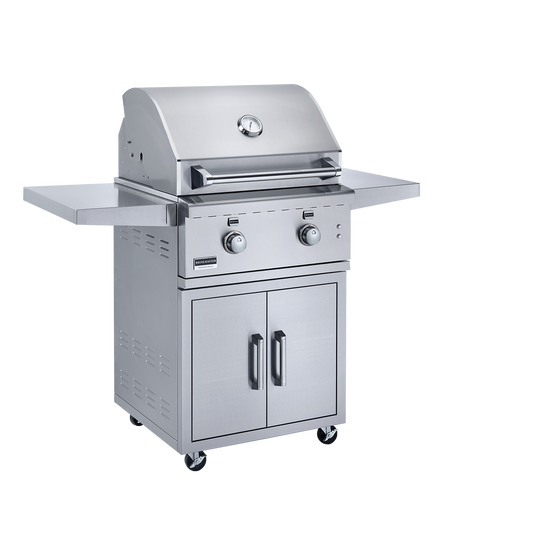 Broilmaster 2 Burner Premium Stainless Steel Grill Cart 26” showcasing its sleek stainless steel design and versatile cooking features, perfect for outdoor grilling.