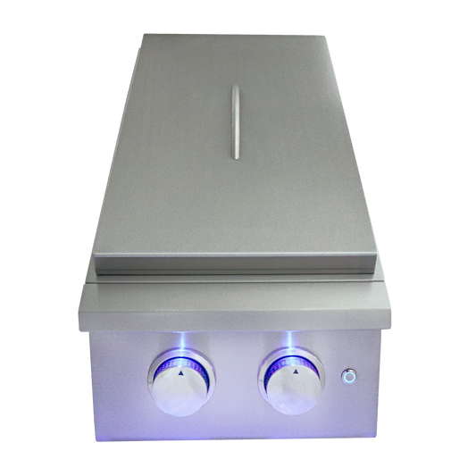 RCS Premier "L" Series Double Side Burner RJCSSBL showing heavy-duty stainless steel construction and blue LED control knobs, ideal for outdoor cooking.