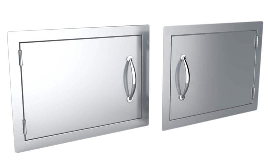 Close-up of Sunstone Classic Series Flush Style 20x14 Single Door showcasing top and bottom magnets with sleek brushed finish.