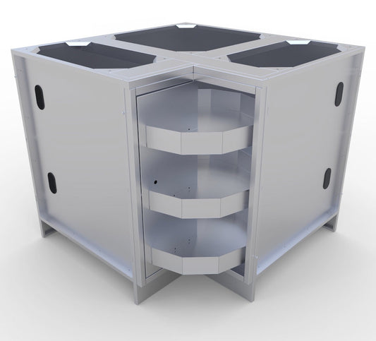 Interior view of Sunstone 12"x12" Corner Cabinet with Swivel Shelves featuring 360 degree rotating lazy Susan shelves, ideal for storing kitchen essentials.