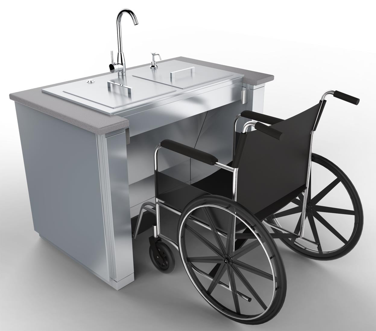 Sunstone 44" ADA Compliant Combo Sink Base Cabinet showcasing adjustable peg legs and flush kick plates for wheelchair accessibility.