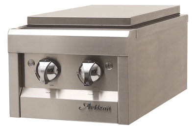 Artisan Built-In Double Side Burner ARTP-SB2 featuring durable stainless steel construction and two powerful 15,000 BTU brass burners for outdoor kitchens.