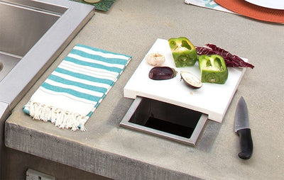 Alfresco 10" Prep & Waste Chute with a sliding poly cutting board for easy waste disposal.