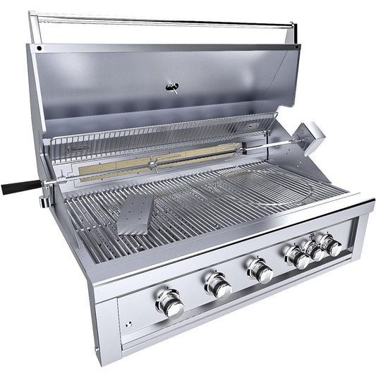 Close-up of the Sunstone Ruby 42" 5 Burner Built-In Grill features including cooking grids and control panel with LED lights.