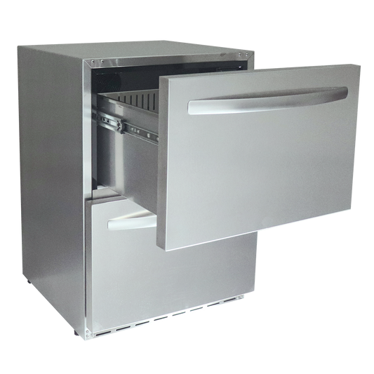 RCS 2-Drawer Fridge showcasing digital controls and a modern design for outdoor use.
