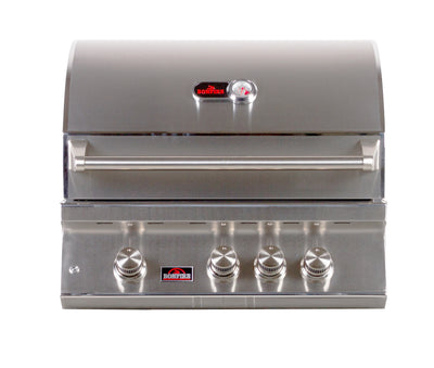 Bonfire Whistler 3 Built-in Grill 28" showcasing sleek 304 stainless steel design with three burners and LED-lit controls.