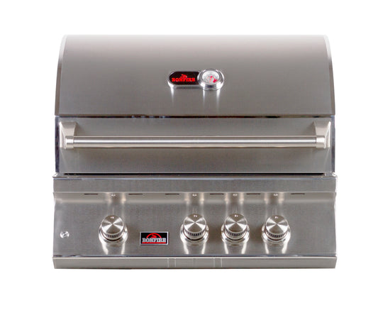 Bonfire Whistler 3 Built-in Grill 28" showcasing sleek 304 stainless steel design with three burners and LED-lit controls.