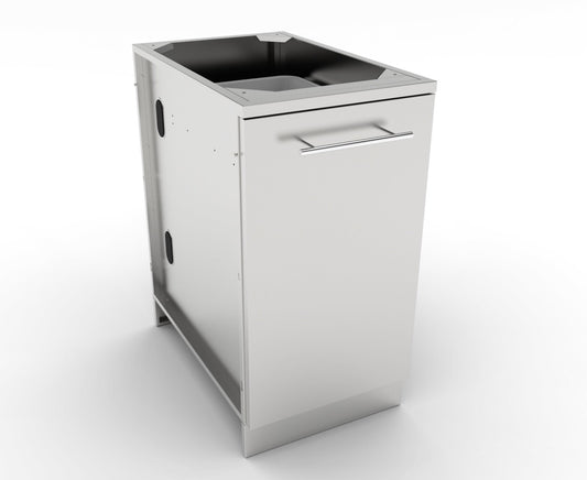 Sunstone 18" Trash Drawer Cabinet with Two Top Loading Bins, showcasing its sleek 304 stainless steel design and practical features for outdoor kitchens.
