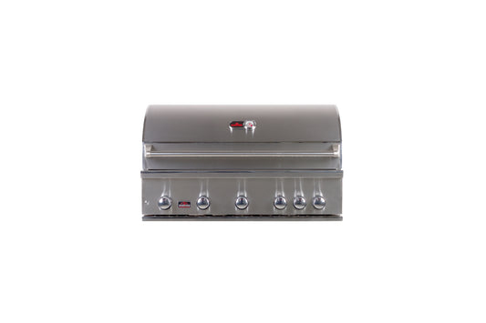 The BONFIRE Prime 500 42" 5 Burner Built-In Grill featuring a rotisserie kit and smoker box, perfect for outdoor cooking.