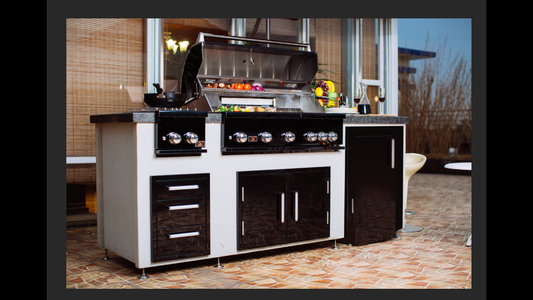 Close-up of Bonfire Double Side Burner Black Stainless knobs with blue LED lights for easy visibility at night.