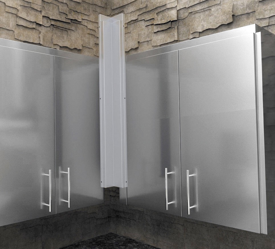 Sunstone 3" x 3" 90 Degree Corner Spacer Panel for Full Height Wall Cabinet Front with crown molding feature for a stylish kitchen look.