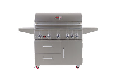 Bonfire Whistler 500 Prime Grill Cart 42" - A high-end stainless steel gas grill by Bonfire, featuring five burners, ample storage, and an elegant design, perfect for outdoor cooking.