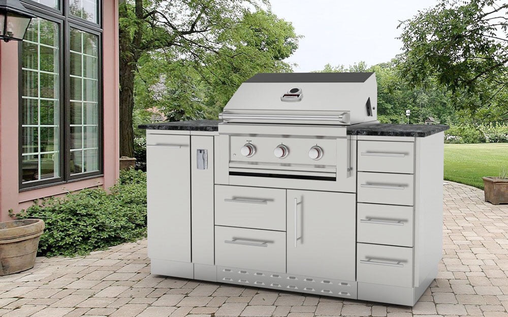 Sunstone 12" 4 Multi-Drawer Base Cabinet displayed next to BBQ grill, showing perfect fit and additional storage options for outdoor entertaining.