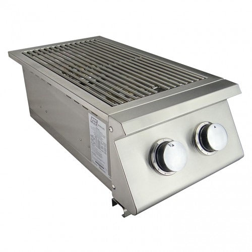 Close-up of the RCS Premier "L" Series Double Side Burner RJCSSBL featuring brass ring burners and heavy-duty stainless steel grates for high performance.