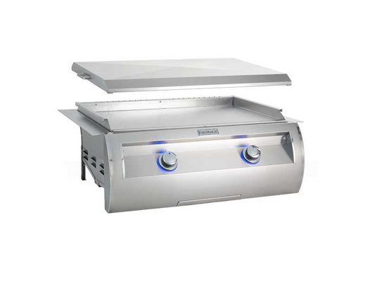 Image of Fire Magic Echelon E660i Built-In Gourmet Griddle showcasing its sleek stainless steel surface and dual burners, perfect for outdoor cooking.