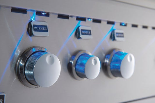 Features of Broilmaster Built-In Stainless Steel Gas Grill 26" including LED control panel lights.